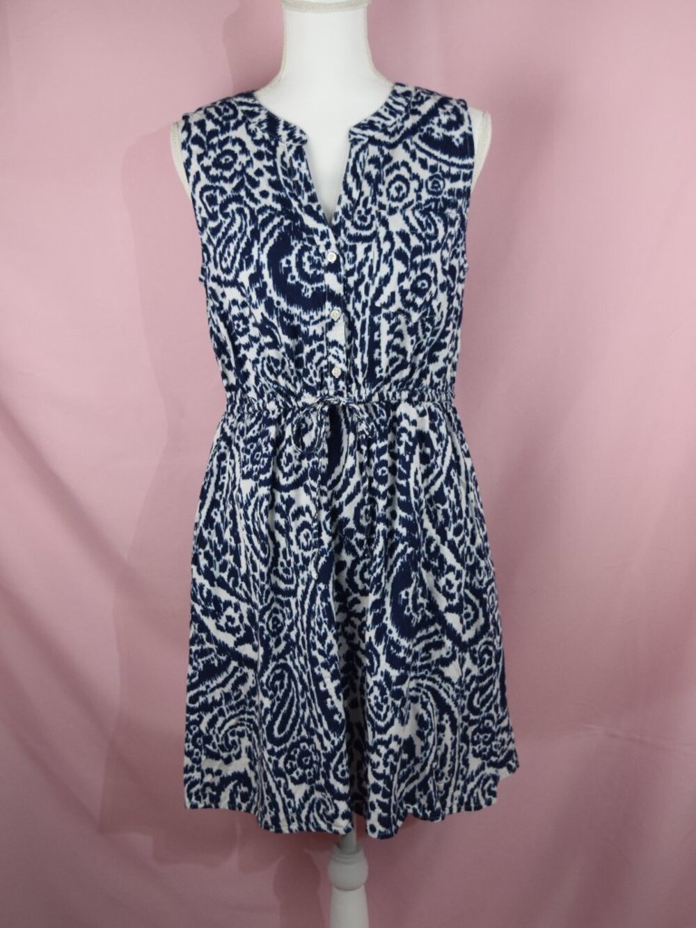 St. John's Bay Navy & White Paisley Sleeveless Cinched Waist Dress | Size M